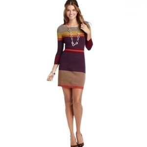 LOFT | Purple Orange Gold Color Block Jewel Neck Wool Sweater Dress - Size: M